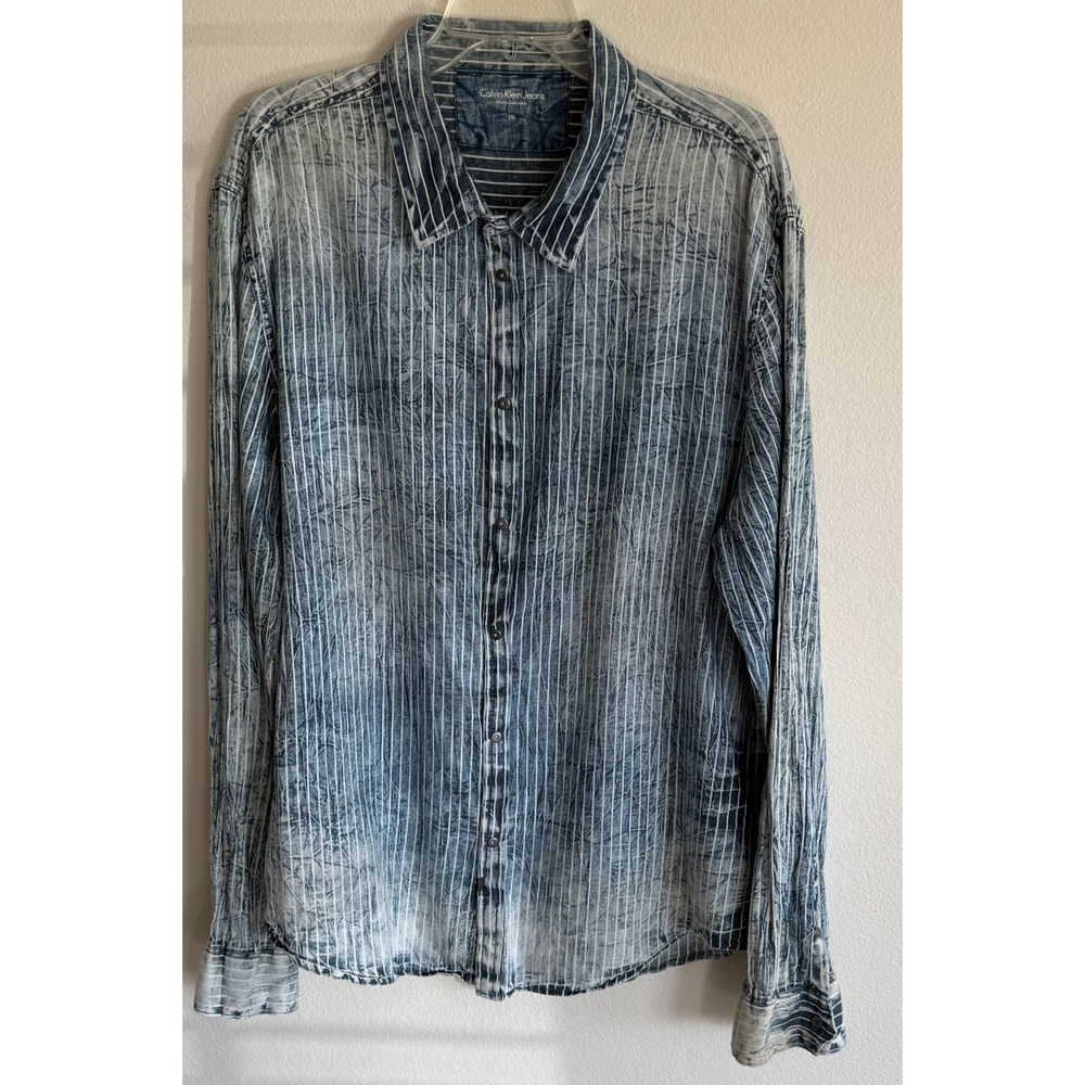 Men's Calvin Klein Long Sleeve Button Down Snap Shirt XXL Blue White Stripes